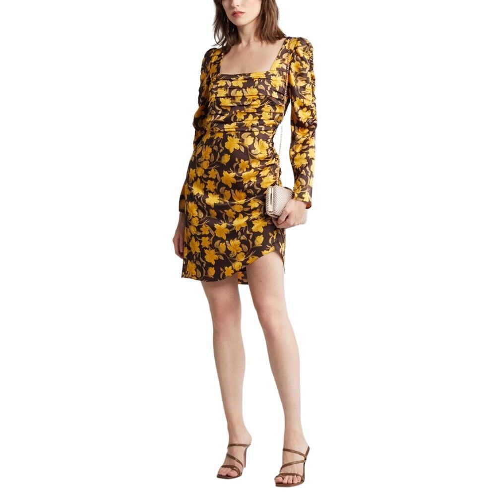 Floret Studios Brown Yellow Floral Satin Mini Dress S NWT Shirred Ruched Square